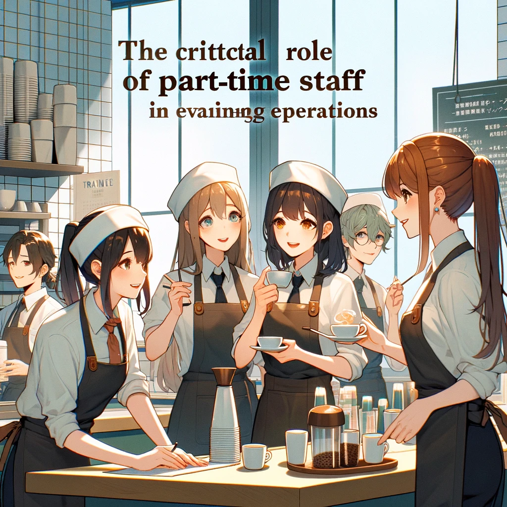 アルバイトスタッフがカフェ運営における重要な役割を果たしている様子をアニメ調で表現