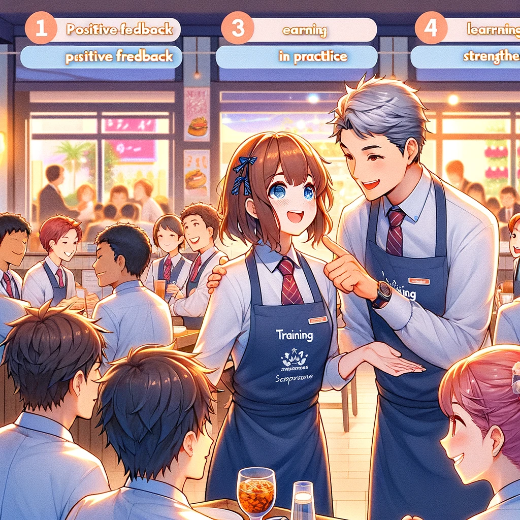 新人スタッフへの指導に焦点を当てた飲食店のシーンが描かれています。経験豊富な店長が新人スタッフに優しく指導している瞬間、背景の活気ある店内と満足そうに食事をする客が表現されています。指導シーンにはポジティブなフィードバック、実践を通じて学ぶ、チームワークを促進する、個々の強みを活かす、そして定期的なトレーニングセッションを行うといった具体的な対処法が含まれており、質の高いスタッフ教育の重要性を強調しています。色彩は明るく、希望と前向きな雰囲気を醸し出しています。
