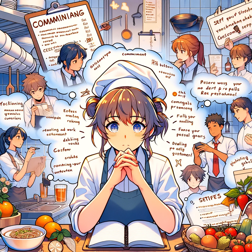 飲食店でのストレスや不満に対処するテーマに合わせた、反省的な瞬間を捉えたレストランワーカー