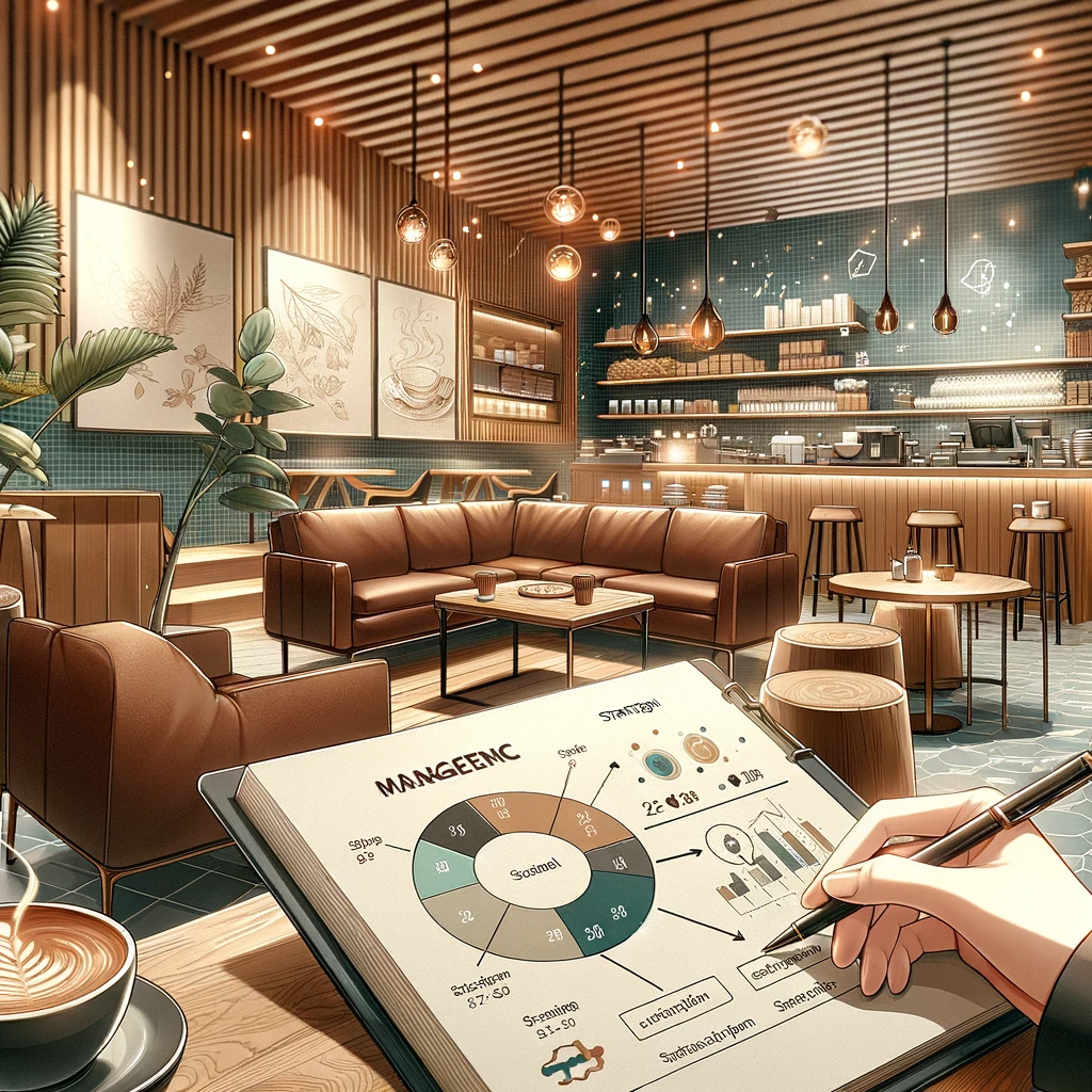 カフェ経営における戦略的アプローチと計画性の重要性を視覚的に伝えつつ、同時に温かみと快適さを提供するカフェの雰囲気を捉えています。視覚的な要素を通じて、読者にカフェ経営の戦略的かつ実践的な側面の探求へと誘います。