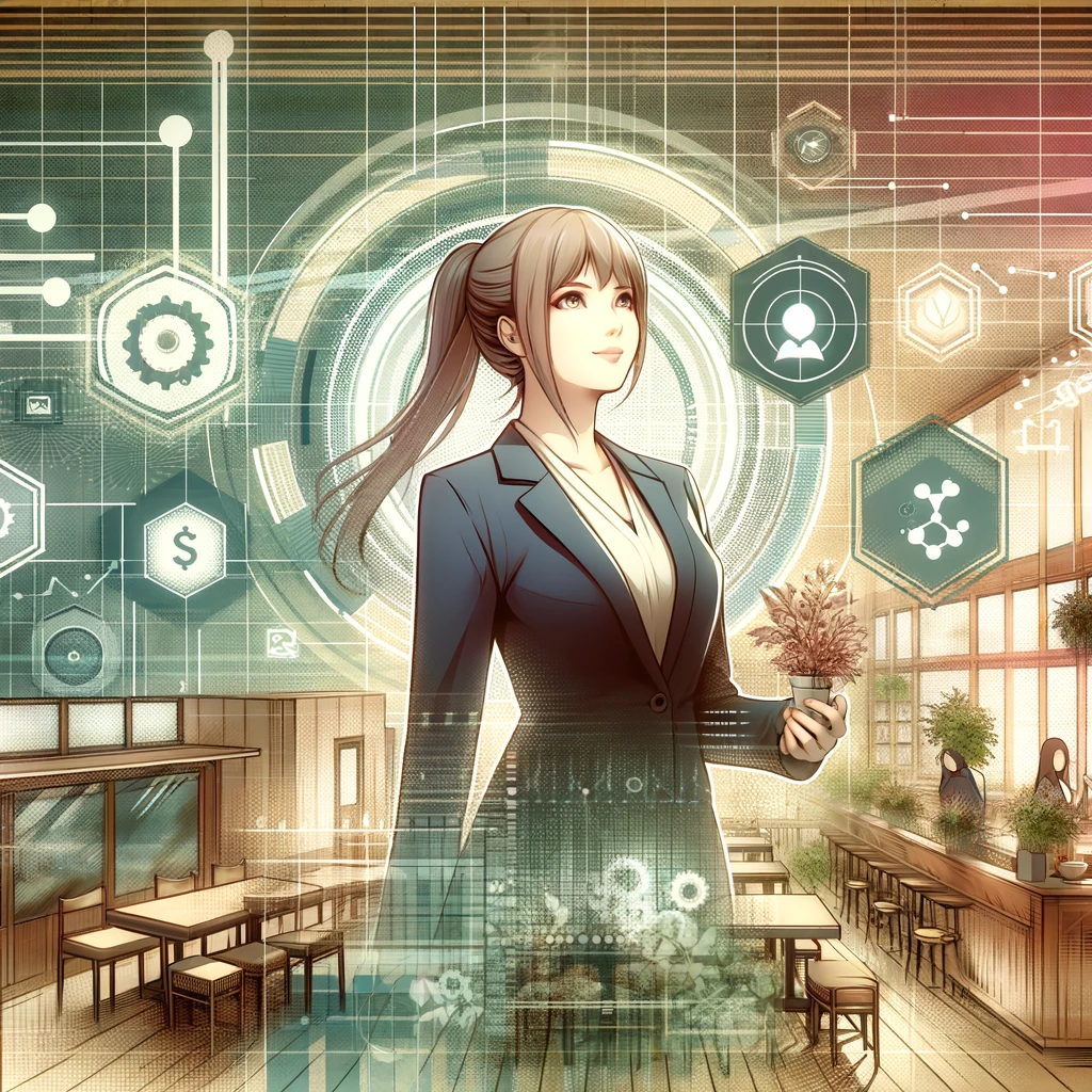 カフェと飲食店の運営成功を象徴する画像：繁盛している店内の様子、満足そうな顧客、そして背景には連結、規模、範囲の経済性を象徴するグラフィックスやアイコンが組み合わさったデザイン。キーワード：活気、成功、戦略