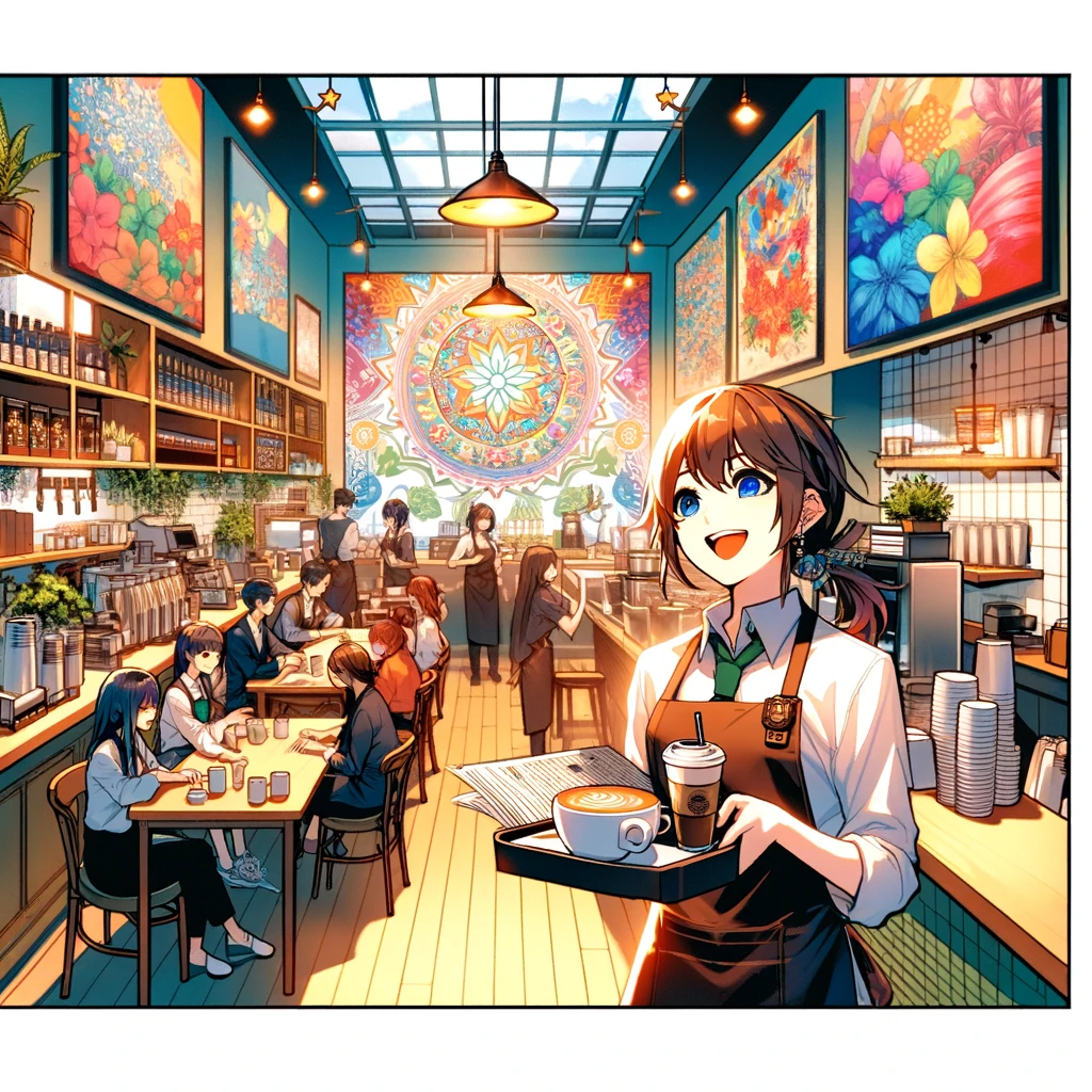 活気あふれるカフェの内部が描かれており、前景には笑顔でお客様にコーヒーを提供する元気なバリスタがいます。彼らの背後にはカラフルなカフェの内装が広がり、モチベーションと成長を象徴するアートワークやポスターが壁に飾られています。