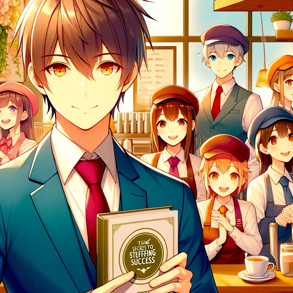 活気あるアニメ調のカフェの内部を描いており、背景にはさまざまなポーズで笑顔のスタッフが協力しながら仕事をしている様子が表現されています。前景では、カフェのオーナーが「スタッフィング成功の秘訣」と書かれたマニュアルを持ち、自信に満ちた表情で視点を直接見つめています。画像からはチームワークとポジティブな職場環境の重要性が伝わり、温かみのある色合いで親しみやすさとプロフェッショナルさが感じられるデザイン